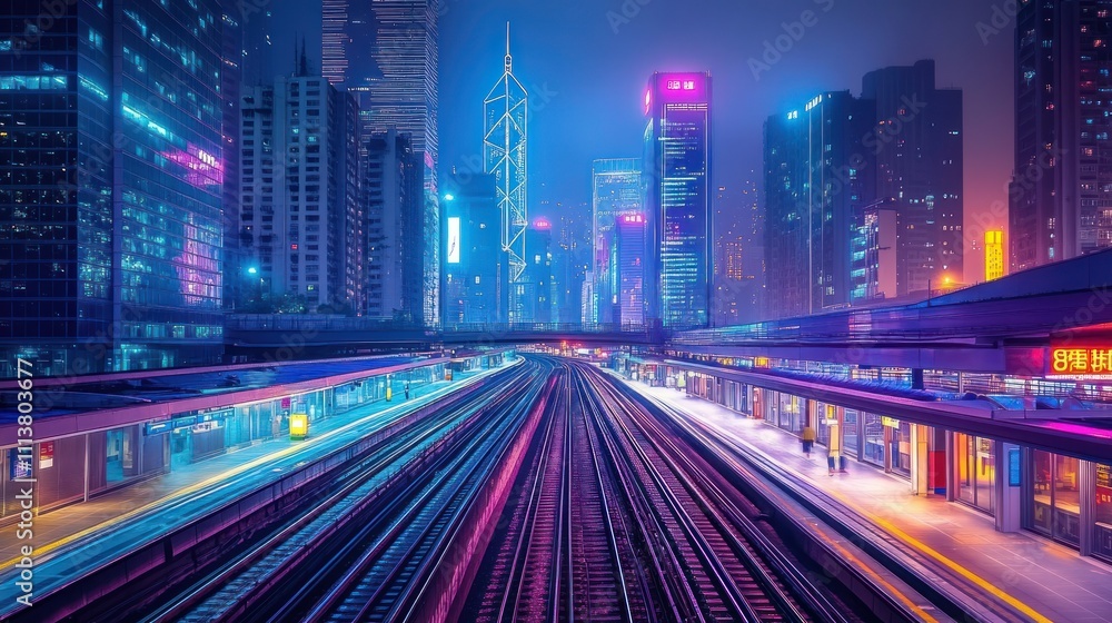 Fototapeta premium Neon Cityscape with Train Tracks