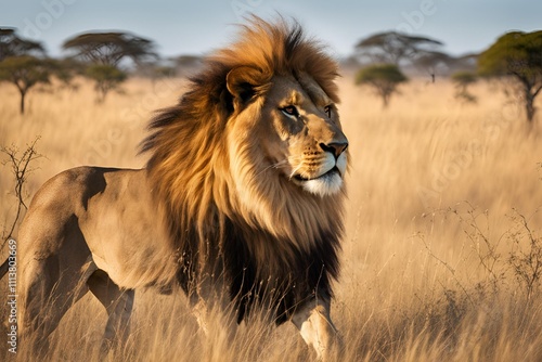 Majestic lion with a magnificent mane standing in the African savannah, with acacia trees scattered across the golden plains and a bright blue sky overhead. photo