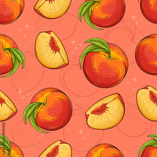 Hand drawn seamless pattern of full and sliced fresh juicy tropical peaches with green leaves on top