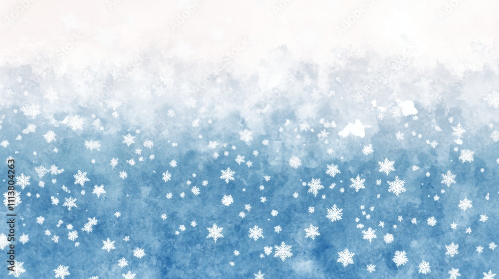 A whimsical winter-themed background with white snowflakes floating on a frosty blue and white gradient