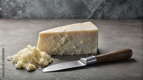 A wedge of pecorino romano cheese, grated cheese, and a butter knife on a slate surface.