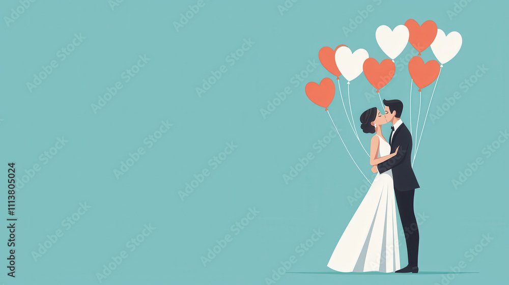 couple kisses while holding heart shaped balloons, symbolizing love and romance. illustration features light blue background, enhancing joyful atmosphere couple kisses while holding heart shaped balloons, symbolizing love and romance. illustration features light blue background, enhancing joyful atmosphere