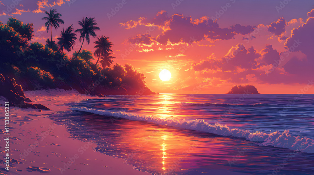 Tropical Beach Sunset With Palm Trees And Ocean Waves Tropical Beach Sunset With Palm Trees And Ocean Waves