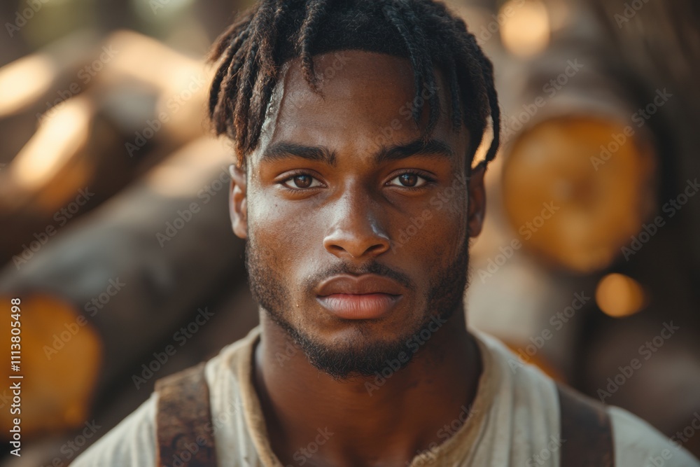 Obraz premium Young african male in rustic outdoor setting with wooden logs
