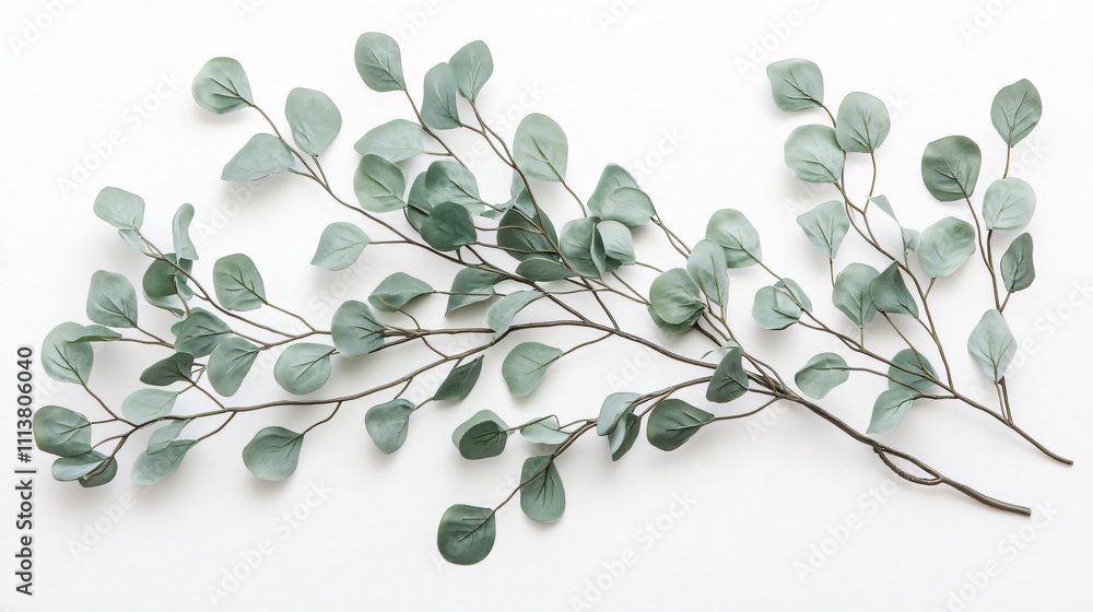 Eucalyptus Branches Flat Lay Elegant Greenery on White Background Eucalyptus Branches Flat Lay Elegant Greenery on White Background