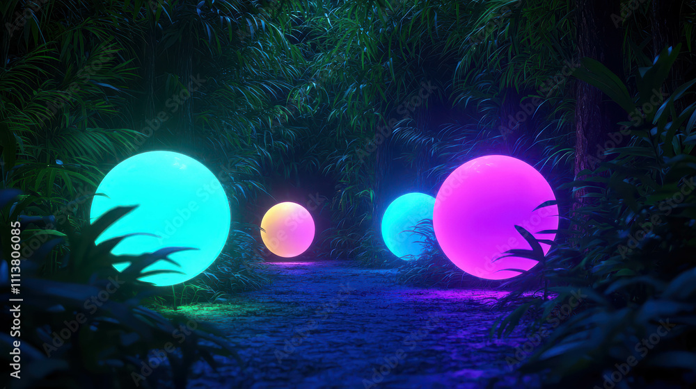 Fototapeta premium Colorful Glowing Spheres in a Lush Tropical Jungle Pathway at Night