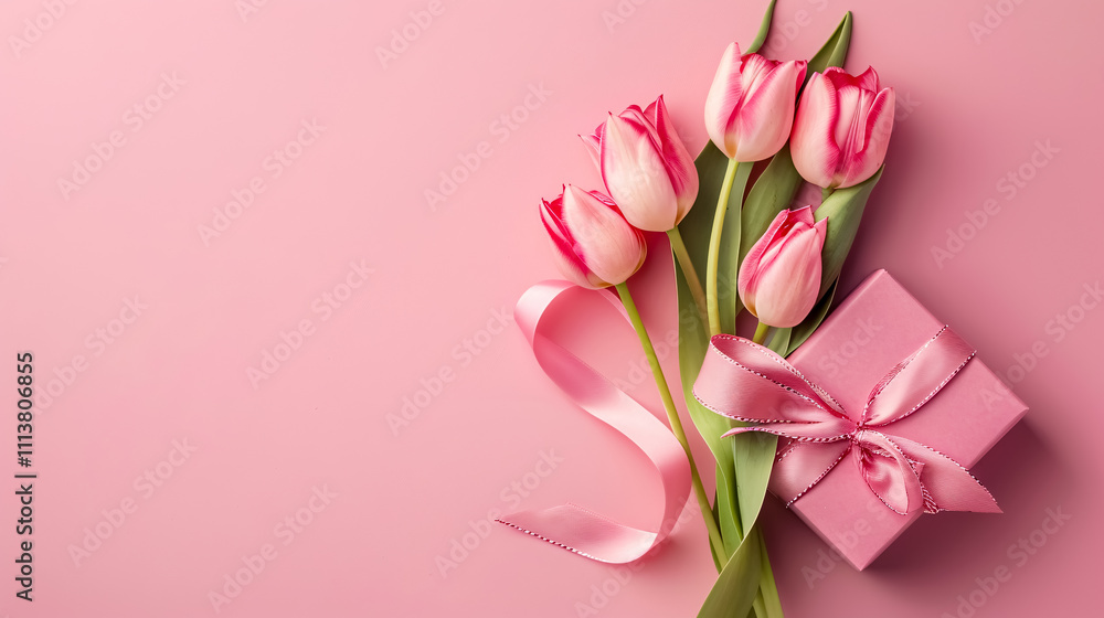 Fototapeta premium Mother's Day Gift Box and Tulips: Top view photo of a stylish pink gift box with a ribbon bow and a bouquet of tulips on a pastel pink background with copy space.