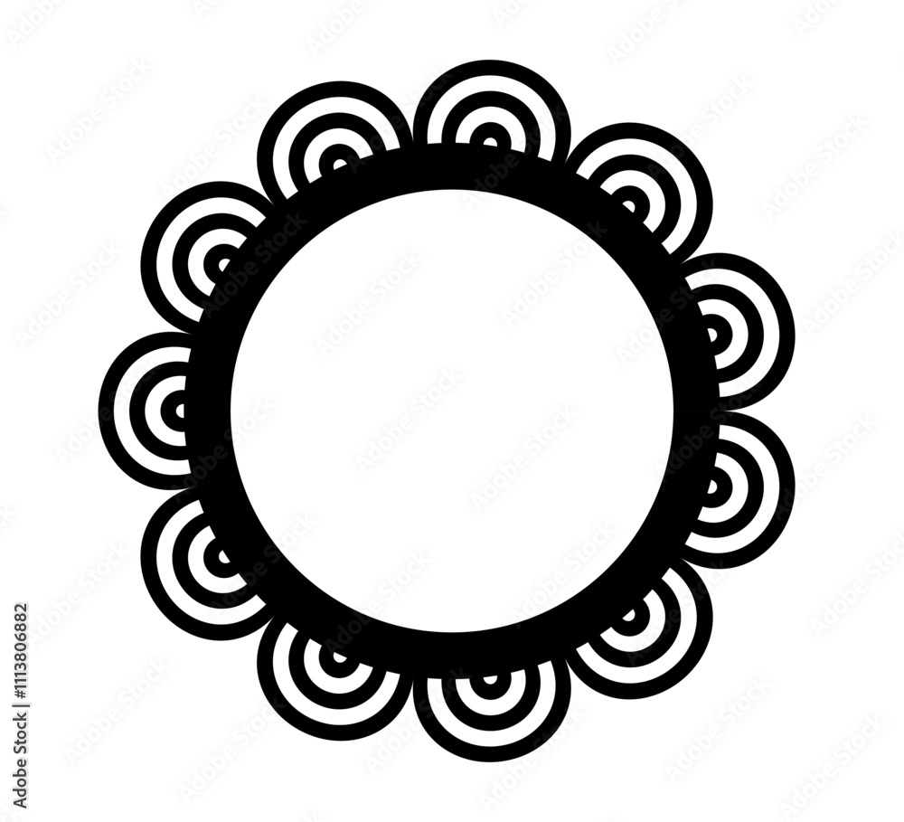 Scalloped edge circle frame. Simple round scalloped border. Fabric lace pattern frame. Repeat cute vintage frill ornament. Texture ribbon. Vector illustration isolated on white background. Scalloped edge circle frame. Simple round scalloped border. Fabric lace pattern frame. Repeat cute vintage frill ornament. Texture ribbon. Vector illustration isolated on white background.