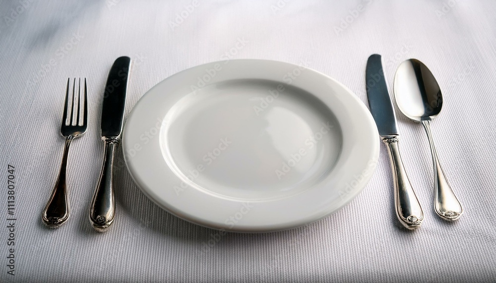 Empty place setting on white linen table cloth Empty place setting on white linen table cloth