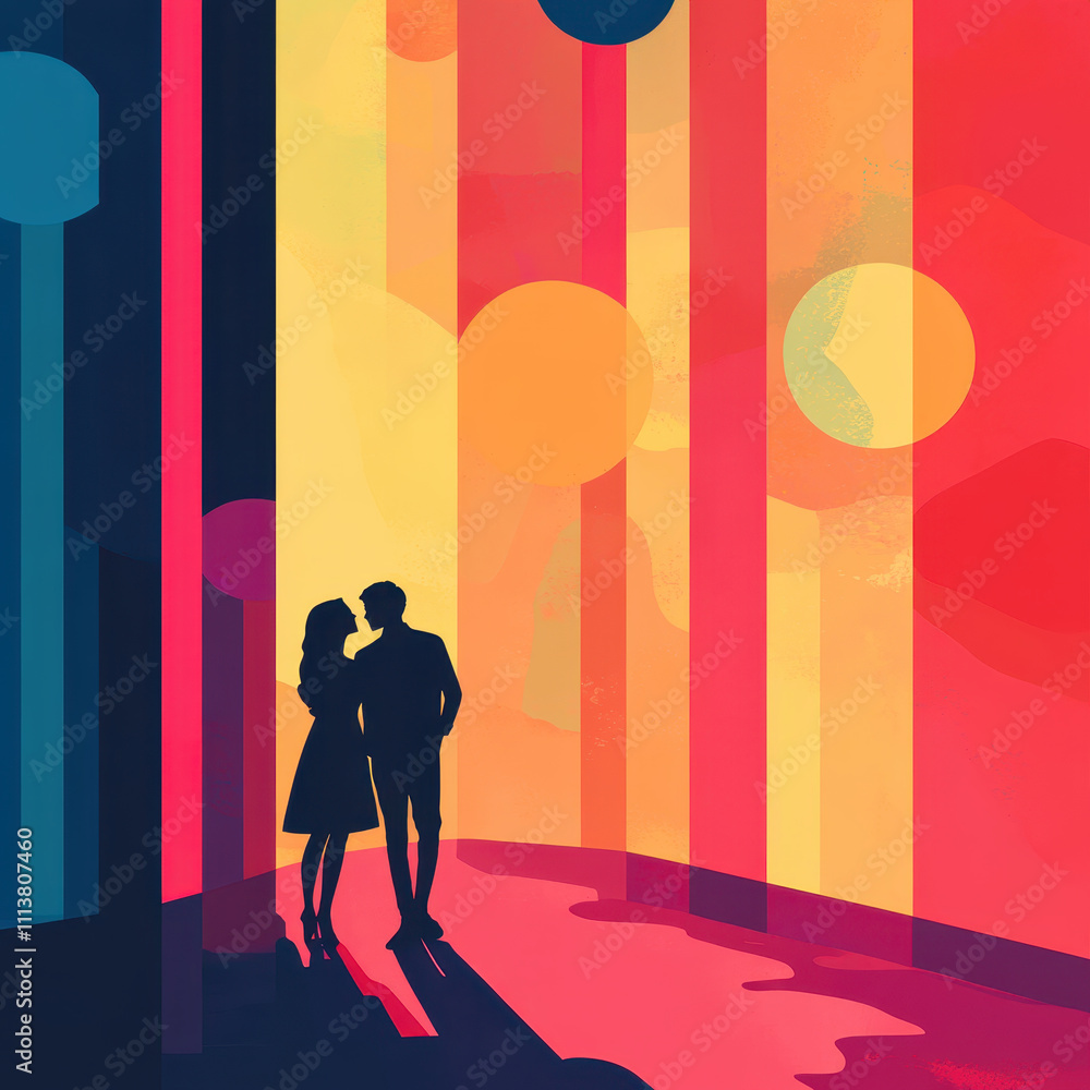 romantic silhouette of couple in vibrant, colorful setting with abstract shapes and warm hues. scene evokes feelings of love and connection romantic silhouette of couple in vibrant, colorful setting with abstract shapes and warm hues. scene evokes feelings of love and connection