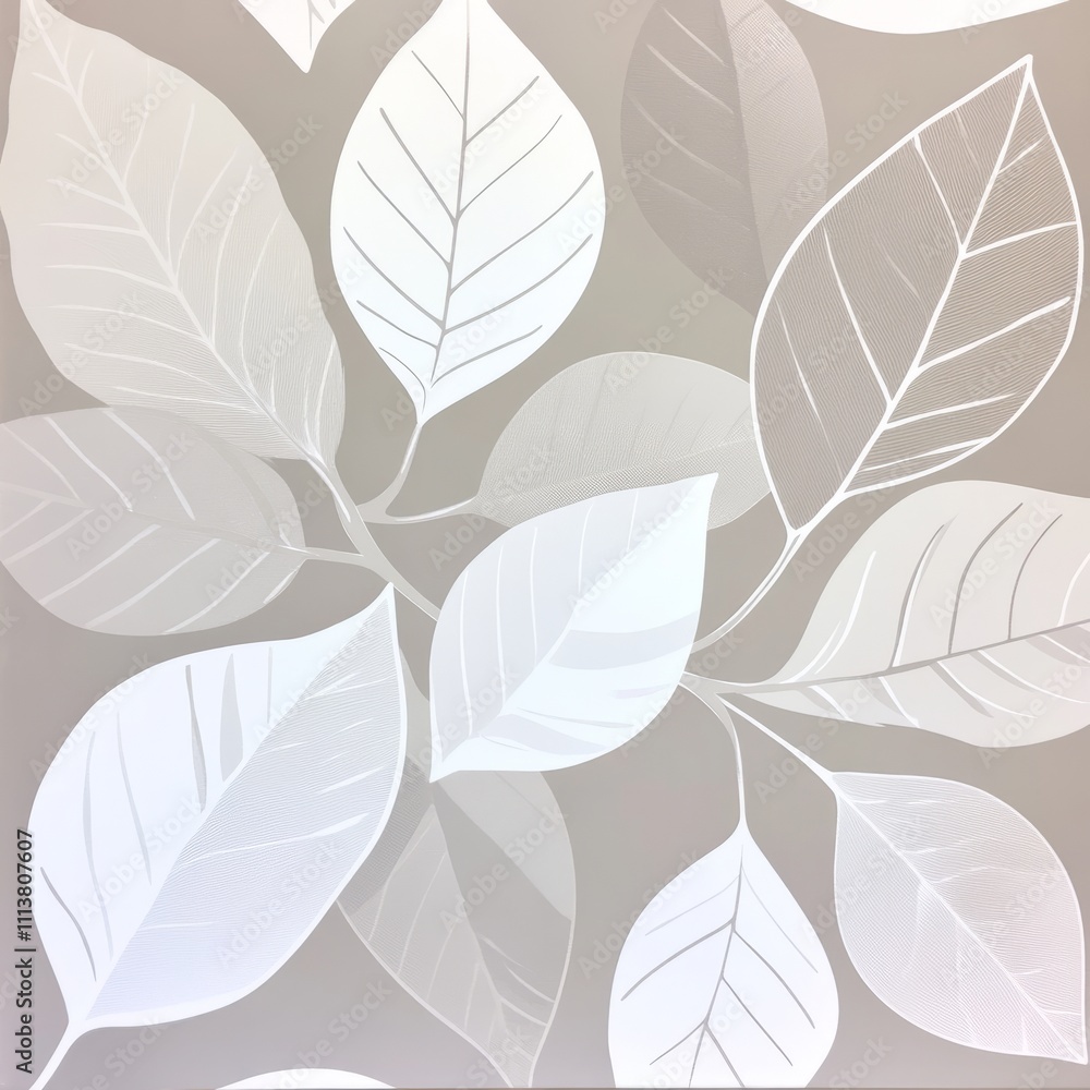 Fototapeta premium Elegant taupe background with white leaf pattern.