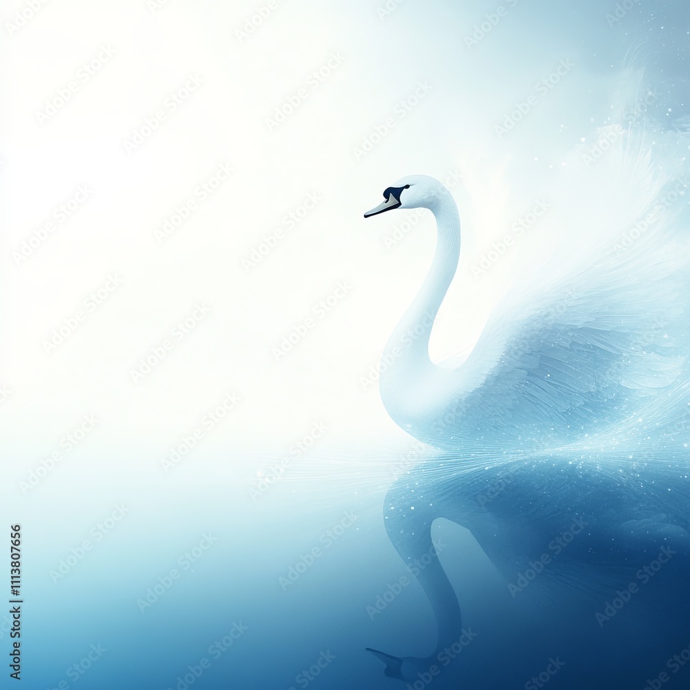 Fototapeta premium Elegant white swan gracefully floats on serene blue water, its reflection mirroring its beauty.