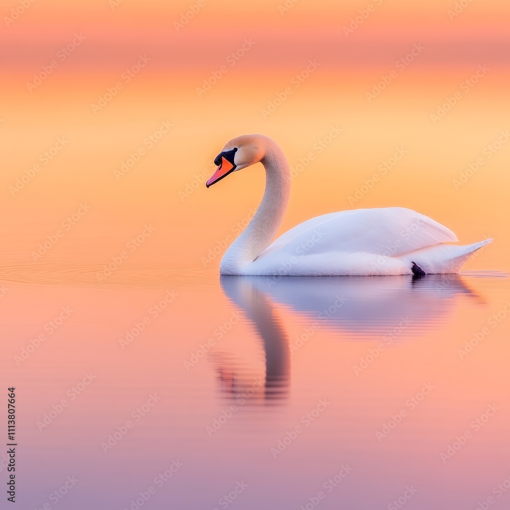Fototapeta premium Elegant white swan gracefully floats on calm water at sunset, its reflection mirrored perfectly.