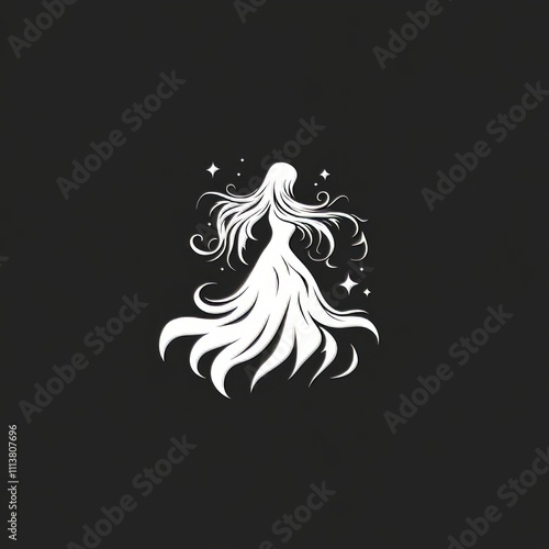 Elegant woman silhouette with flowing hair and dress, stars.