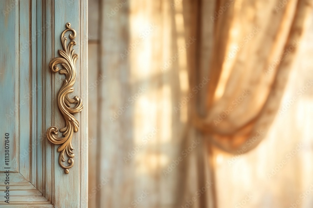 Elegant door handle with ornate design and soft curtain backdrop. Elegant door handle with ornate design and soft curtain backdrop.
