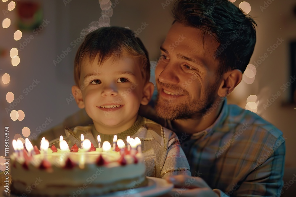 Cheerful cute boy with father holding birthday cake at home Cheerful cute boy with father holding birthday cake at home