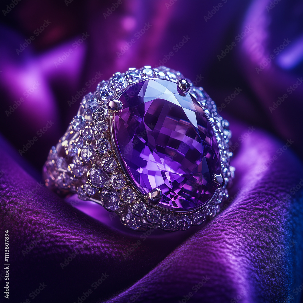 Obraz premium Gioiello. Preziosi. Stile di vita. Regalo. Anello su sfondo viola.