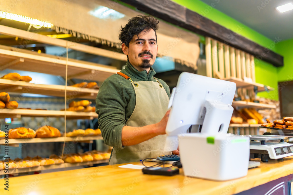 Fototapeta premium Salesman using computer stranding at counter of a bakery shop