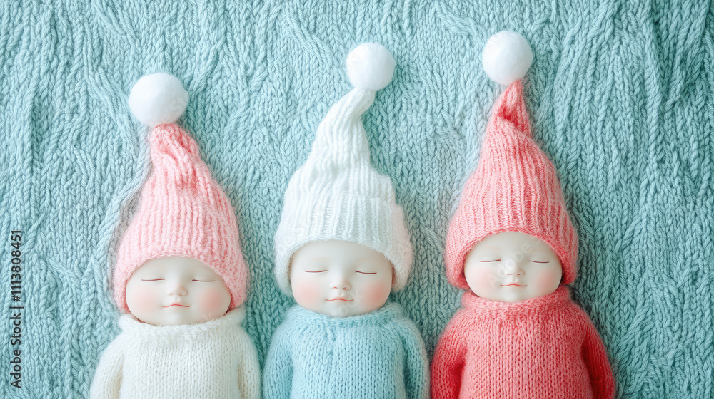 Fototapeta premium Three baby dolls are sleeping on a blanket