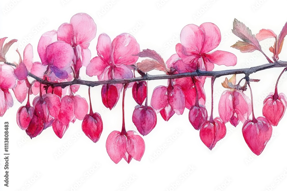 Fototapeta premium A watercolor illustration of pink flowers and buds on a branch.