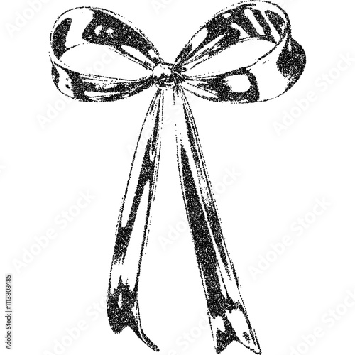 Bow ribbon with halftone stipple effect, for grunge punk y2k collage design. Vector illustration in grainy photocopy texture for experimental dotted retro banner design