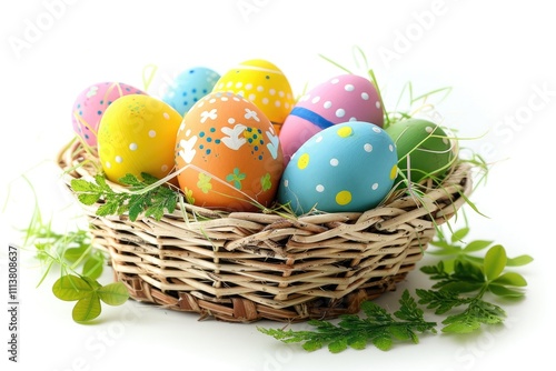 Decorated Easter Eggs Nestled in a Wicker Basket with Green Foliage