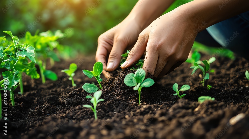 Hands planting seedlings in rich soil. Hands planting seedlings in rich soil.