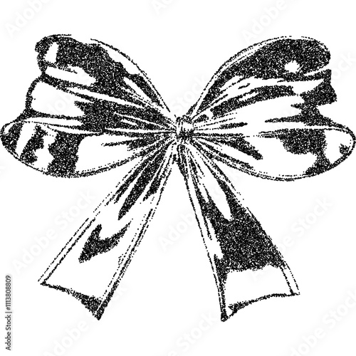 Bow ribbon with halftone stipple effect, for grunge punk y2k collage design. Vector illustration in grainy photocopy texture for experimental dotted retro banner design