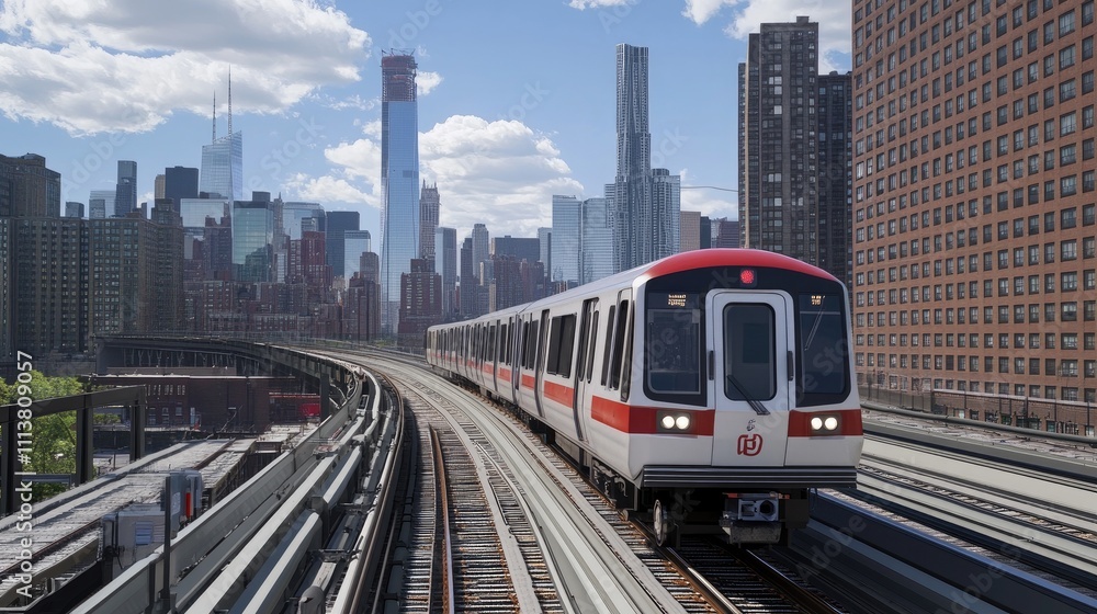 An electric train on an elevated track weaving through a modern city, showcasing how urban transit systems connect various parts of metropolitan areas An electric train on an elevated track weaving through a modern city, showcasing how urban transit systems connect various parts of metropolitan areas