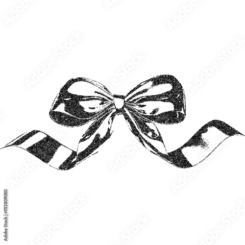 Bow ribbon with halftone stipple effect, for grunge punk y2k collage design. Vector illustration in grainy photocopy texture for experimental dotted retro banner design