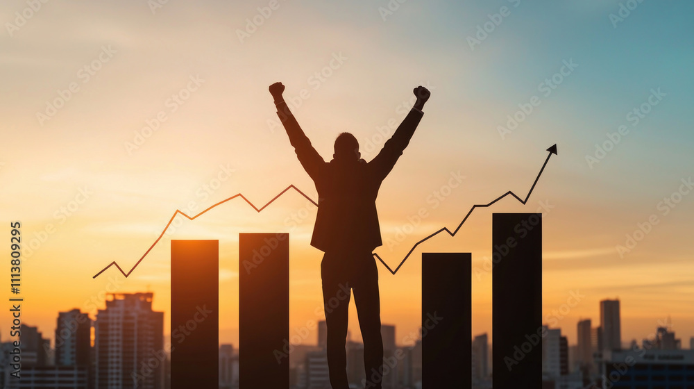 Silhouette of businessman celebrating success at sunset. Silhouette of businessman celebrating success at sunset.