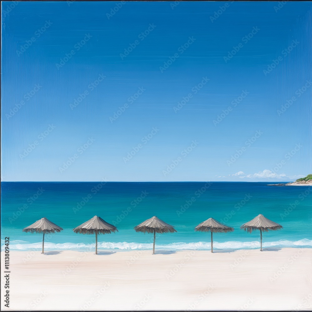 Five beach umbrellas on a pristine, white sand beach under a vibrant blue sky and turquoise ocean. Five beach umbrellas on a pristine, white sand beach under a vibrant blue sky and turquoise ocean.