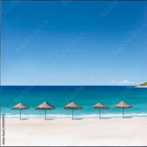 Five beach umbrellas on a pristine, white sand beach under a vibrant blue sky and turquoise ocean.