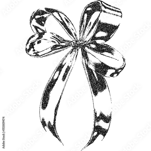 Bow ribbon with halftone stipple effect, for grunge punk y2k collage design. Vector illustration in grainy photocopy texture for experimental dotted retro banner design