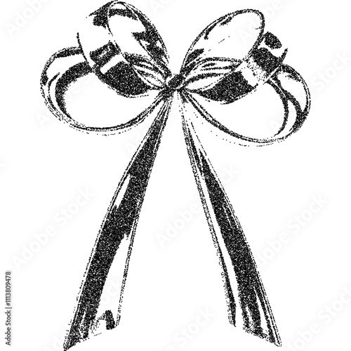 Bow ribbon with halftone stipple effect, for grunge punk y2k collage design. Vector illustration in grainy photocopy texture for experimental dotted retro banner design