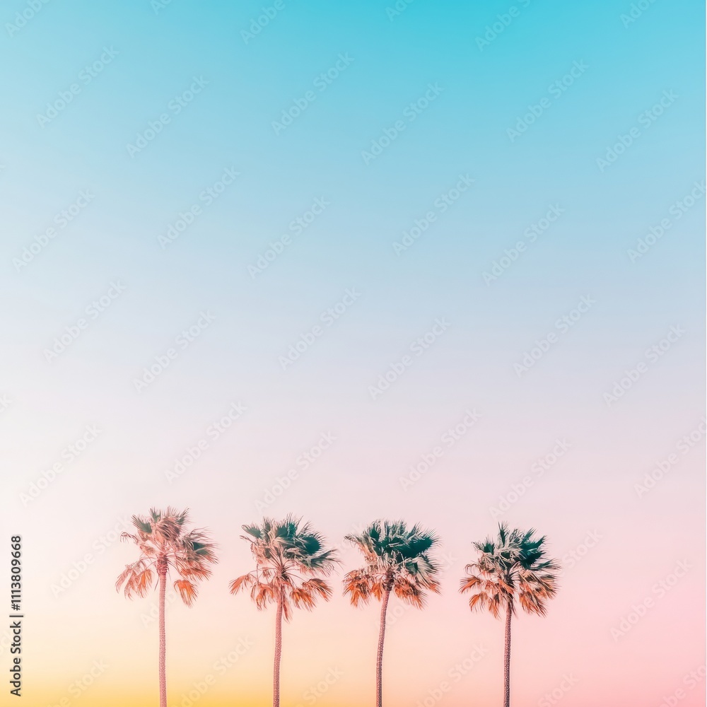 Fototapeta premium Four palm trees silhouetted against a vibrant sunset sky.