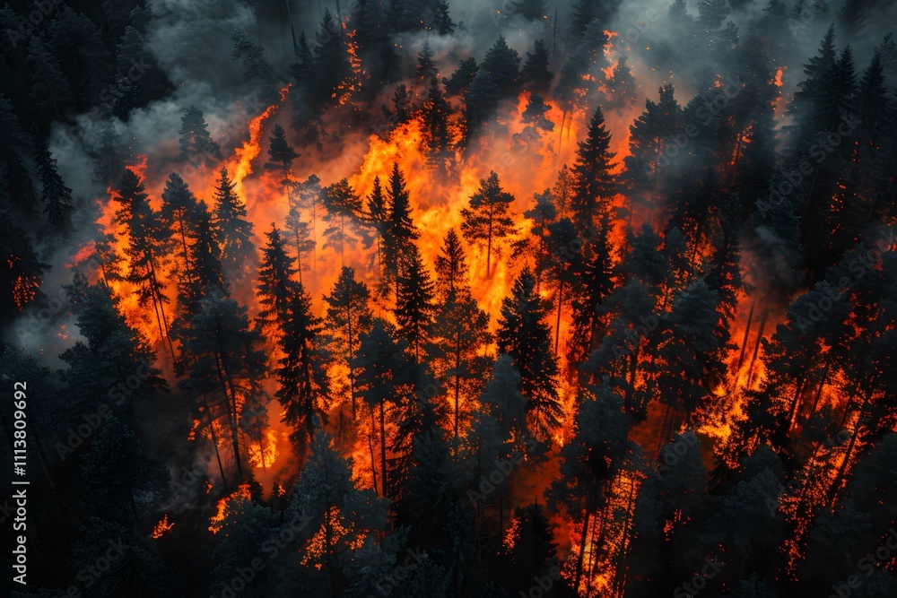Intense Wildfire Consuming Forest with Dark Smoke and Flaming Trees Intense Wildfire Consuming Forest with Dark Smoke and Flaming Trees