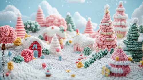 A snow-covered landscape with a pink and green Christmas village