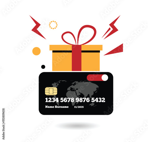 Bank Card with a Present Box Discount Concept. Retail sale business and shopping with discounts, gift cards vector art