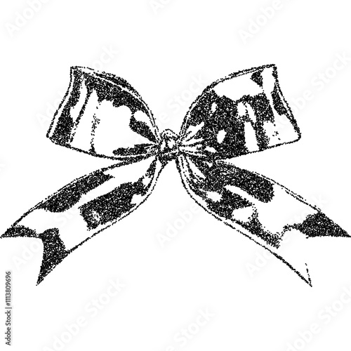 Bow ribbon with halftone stipple effect, for grunge punk y2k collage design. Vector illustration in grainy photocopy texture for experimental dotted retro banner design