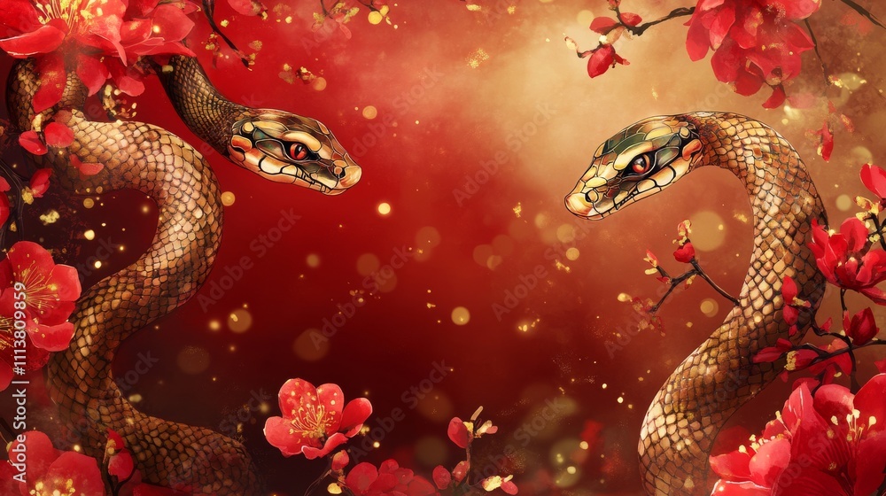 The Year of the Snake, Two snakes are shown in a red background with flowers The Year of the Snake, Two snakes are shown in a red background with flowers