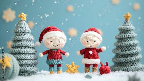 A group of children wearing red santa hats stand in front of two trees