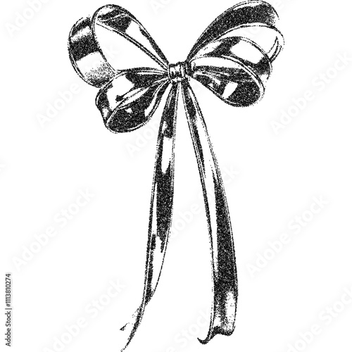 Bow ribbon with halftone stipple effect, for grunge punk y2k collage design. Vector illustration in grainy photocopy texture for experimental dotted retro banner design