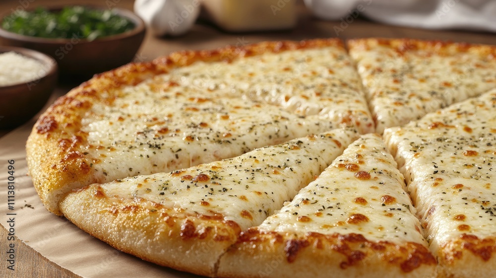 An enticing close-up of a cheese pizza topped with a mix of cheeses, herbs, and spices, showcasing its cheesy goodness and savory appeal An enticing close-up of a cheese pizza topped with a mix of cheeses, herbs, and spices, showcasing its cheesy goodness and savory appeal