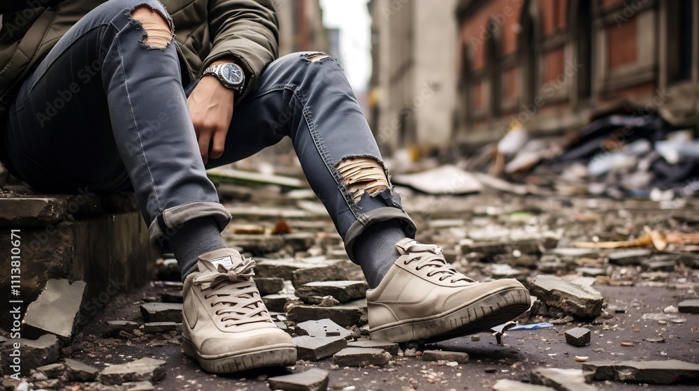 Casual yet stylish urban outfit featuring a bomber jacket distressed jeans and high top sneakers Casual yet stylish urban outfit featuring a bomber jacket distressed jeans and high top sneakers