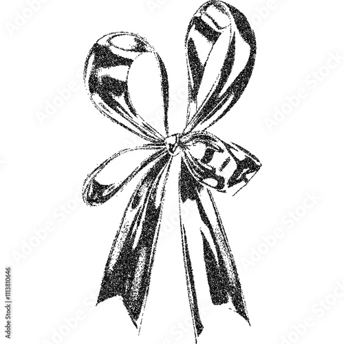 Bow ribbon with halftone stipple effect, for grunge punk y2k collage design. Vector illustration in grainy photocopy texture for experimental dotted retro banner design
