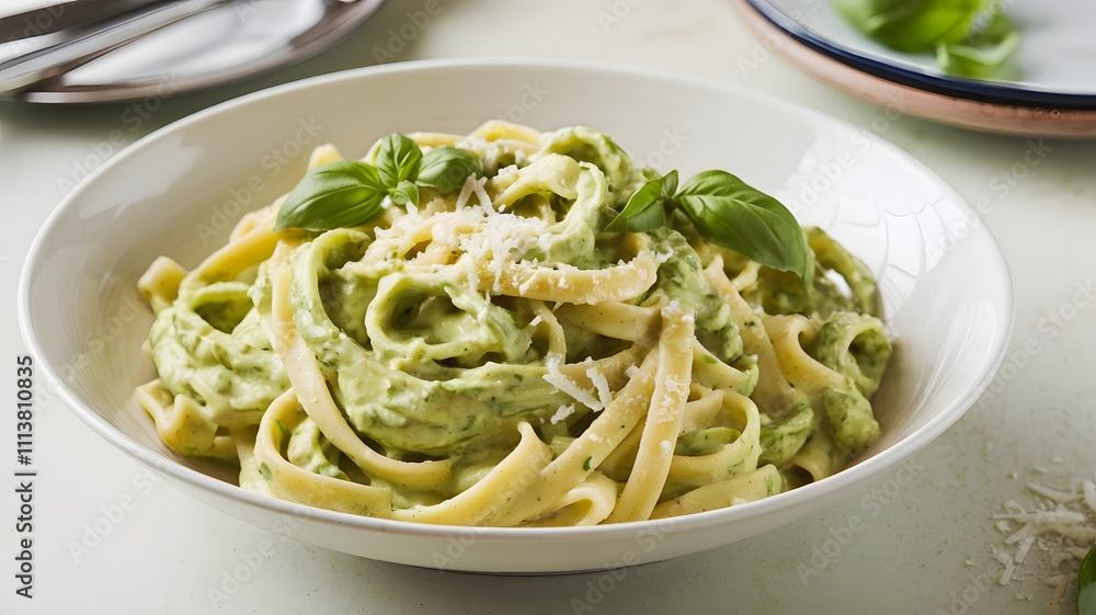 Fettuccine Pasta with Green Avocado Sauce in White Bowl Fettuccine Pasta with Green Avocado Sauce in White Bowl