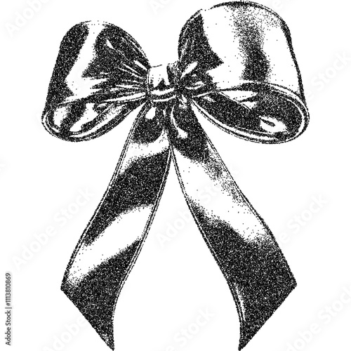 Bow ribbon with halftone stipple effect, for grunge punk y2k collage design. Vector illustration in grainy photocopy texture for experimental dotted retro banner design