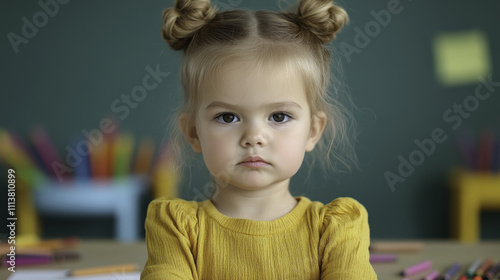 serious girl with braided hair in yellow shirt, surrounded by art supplies