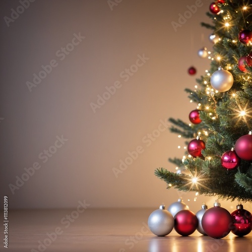 Christmas Tree With Baubles And Blurred Shiny Lights with copy space photo